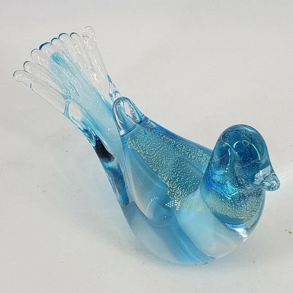 Hand Blown Art Glass Aqua Blue Gold Aventurine Bird Dove Figurine - Picture 5 of 6